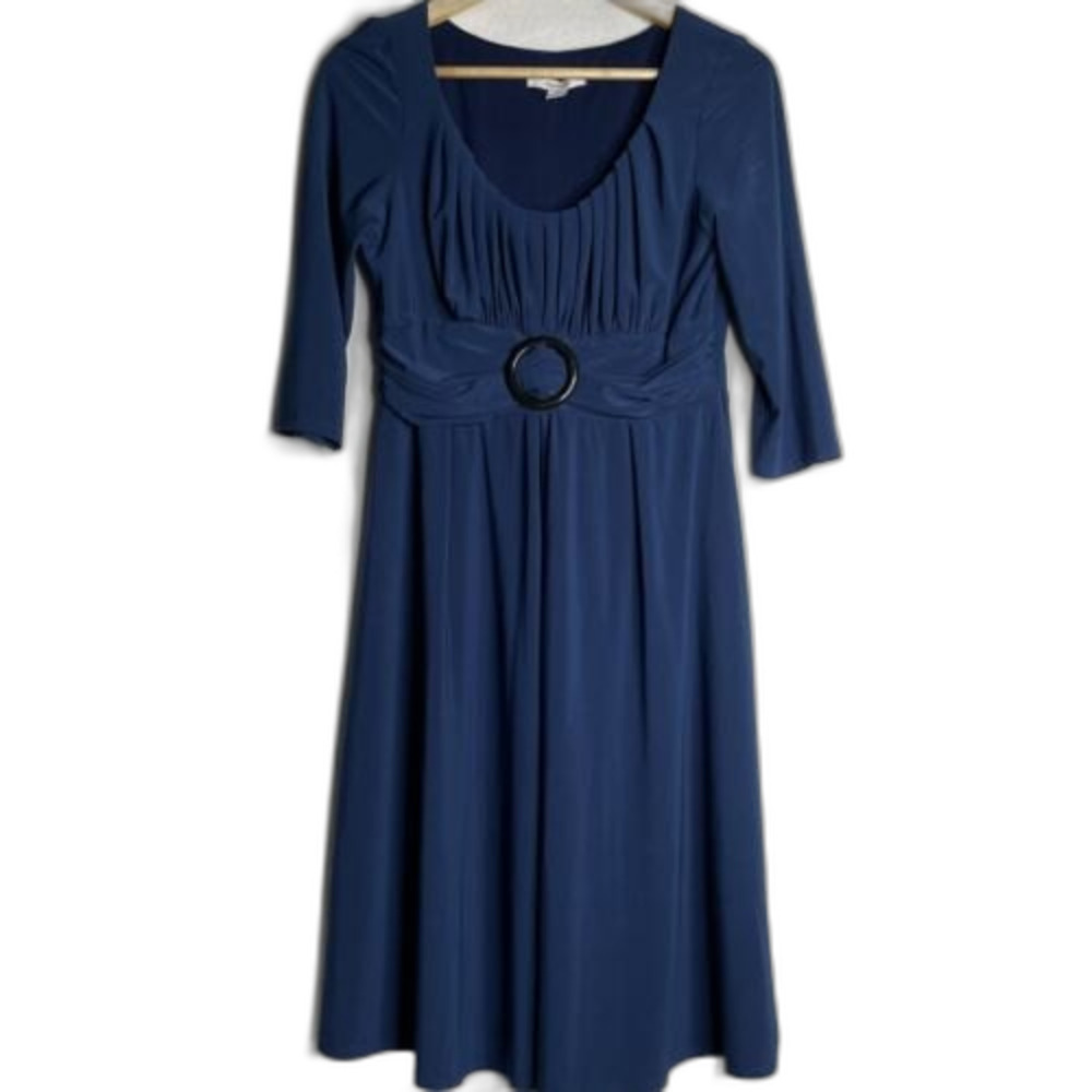Dressbarn Women's Blue 3/4 Sleeve Pleeted A-Line belted Crew Neck Dress Size 6